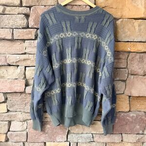 VTG 90s Men XL USA Cotton 3D Cable Knit Geometric Sweater Trendy Grandpa Grunge